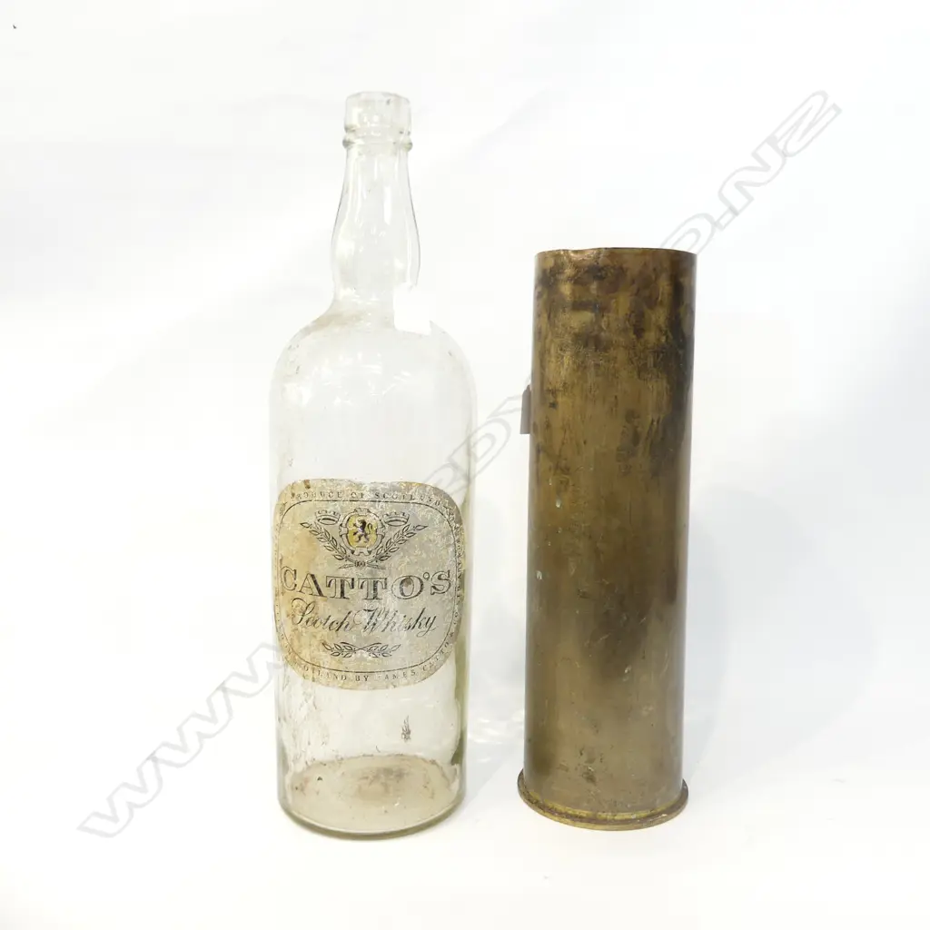 OLD BRASS CARTRIDGE (H. 370MM) + LG OLD WHISKY BOTTLE (H. 475MM) Image 1++