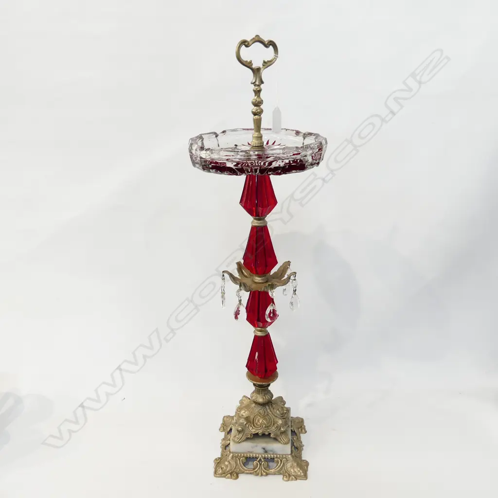 BOHEMIAN RUBY GLASS ASHTRAY ON METAL & MARBLE STAND (H. 710MM) Image 1++