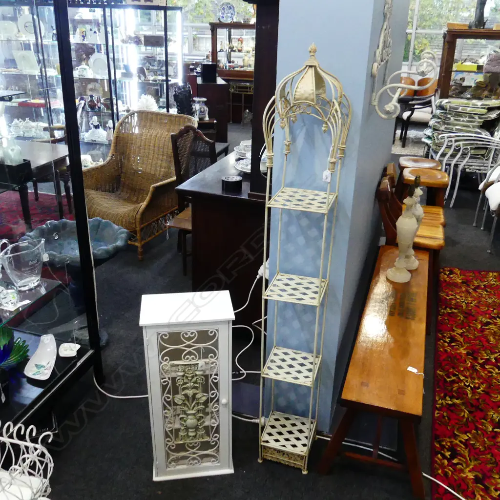SMALL WHITE PAINTED CABINET H.760mm + 4 TIER CREAM METAL STAND H.1660mm Image 1++