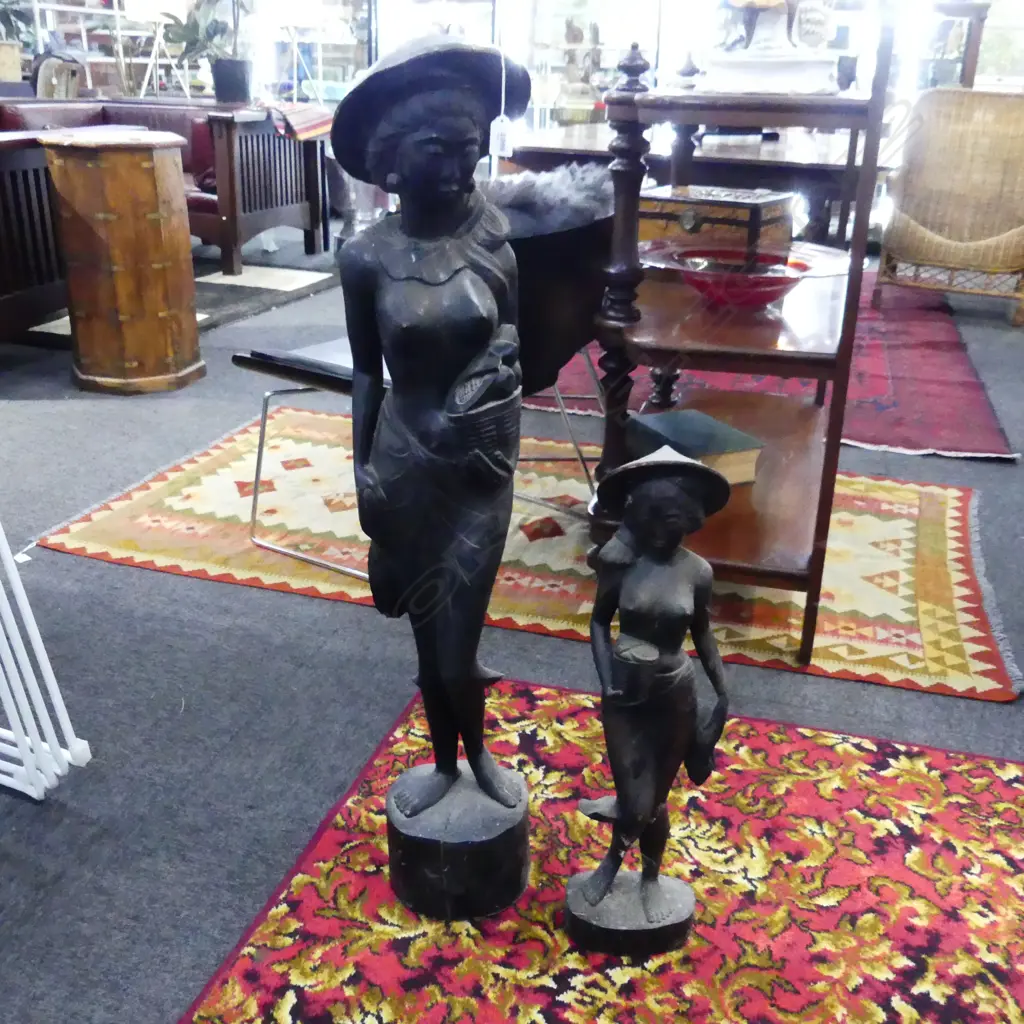 2 CARVED WOODEN INDONESIAN WOMAN H.1000mm Image 1++
