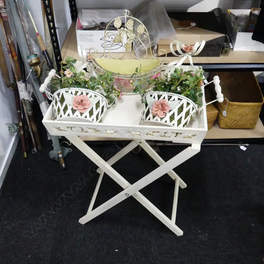 WHITE PAINTED FOLDING TRAY TABLE + 3 FLORAL WALL BASKETS (PR + OTHER) Image 1++