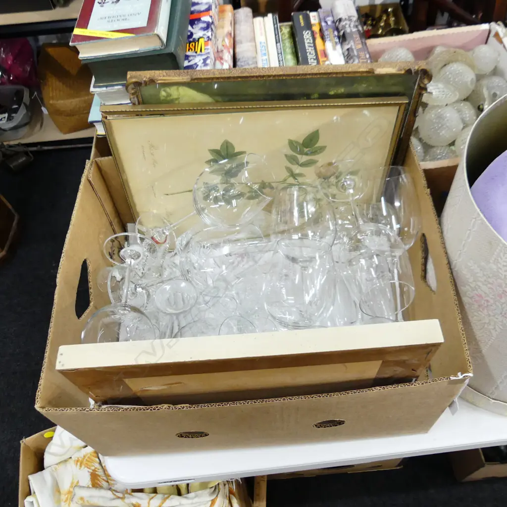 BOX LOT ASST. DRINKING GLASSES (WINE ETC), 2 DECANTERS, 3 PRINTS Image 1++