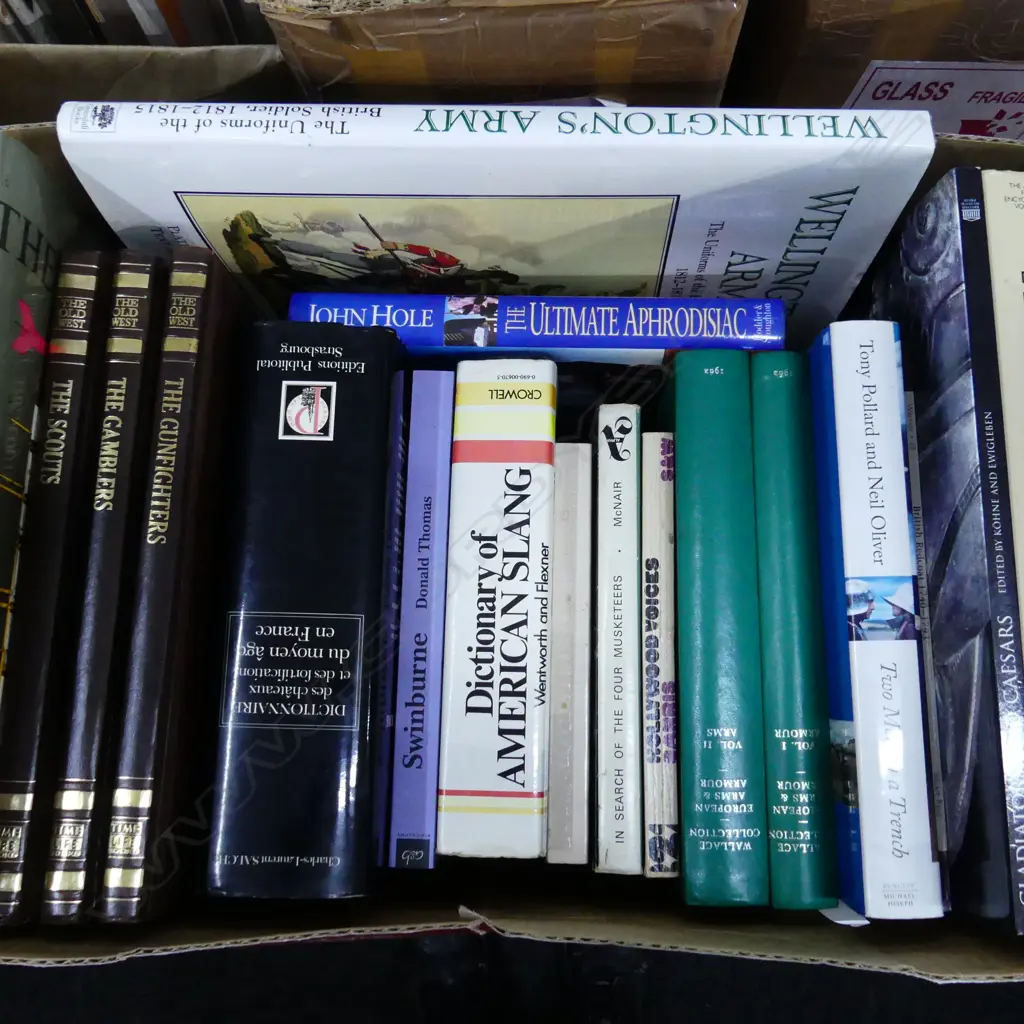 BOX LOT ASST. BOOKS; SHIPS, SLANG, WELLINGTONS ARMY, ARMS & ARMOUR Image 1++