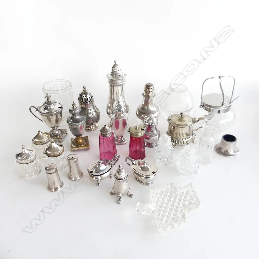 TRAY OF ASST. EP & CUT GLASS CONDIMENTS; SUGAR SHAKERS, SALTS, MUSTARD ETC Image 1++