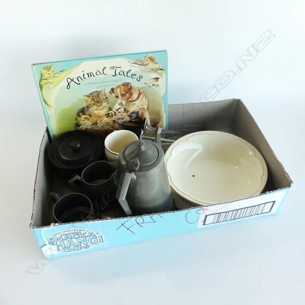 BOX LOT 3PC PEWTER TEASET CHINA CHILDS BOOK  & MEAT SCEWERS Image 1++