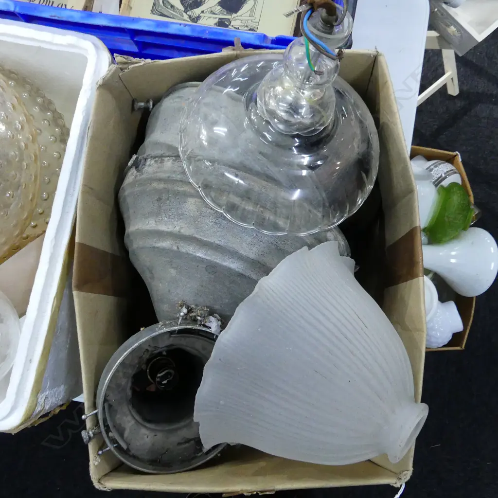 BOX LOT ASST. VINTAGE LIGHT FITTING ATTACHMENTS; DECO CHROME ETC Image 1++