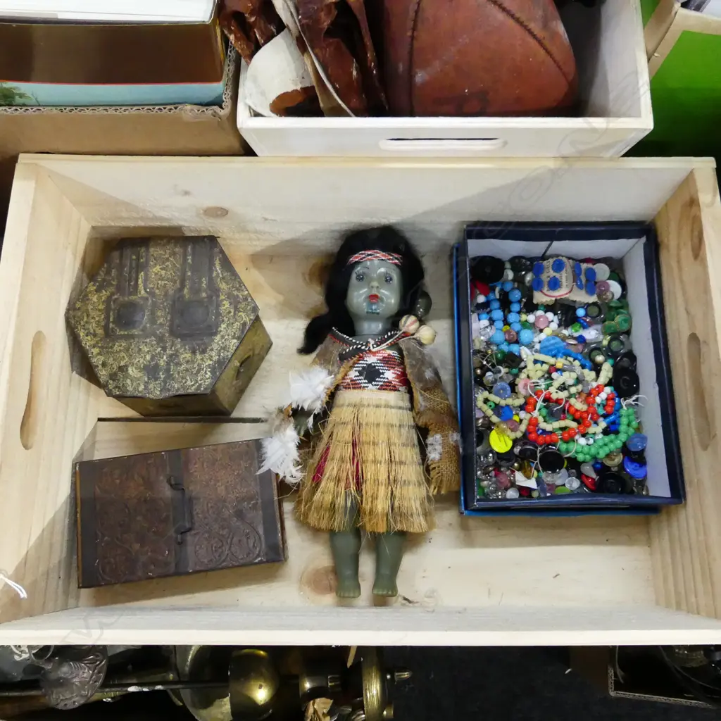WOODEN BOX ASST; BUTTONS, VINTAGE MAORI DOLL,TINS Image 1++