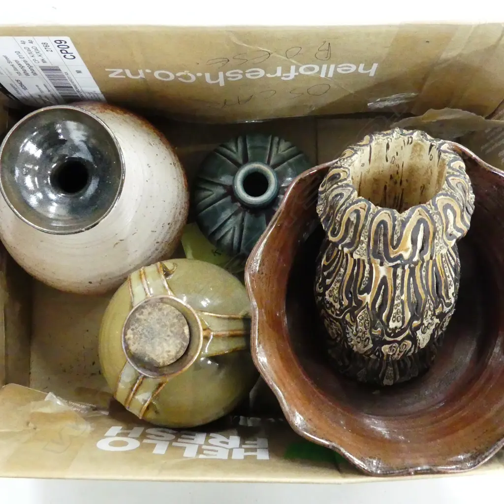 BOX LOT ASST. STUDIO POTTERY, WOODEN BARK VASE Image 1++
