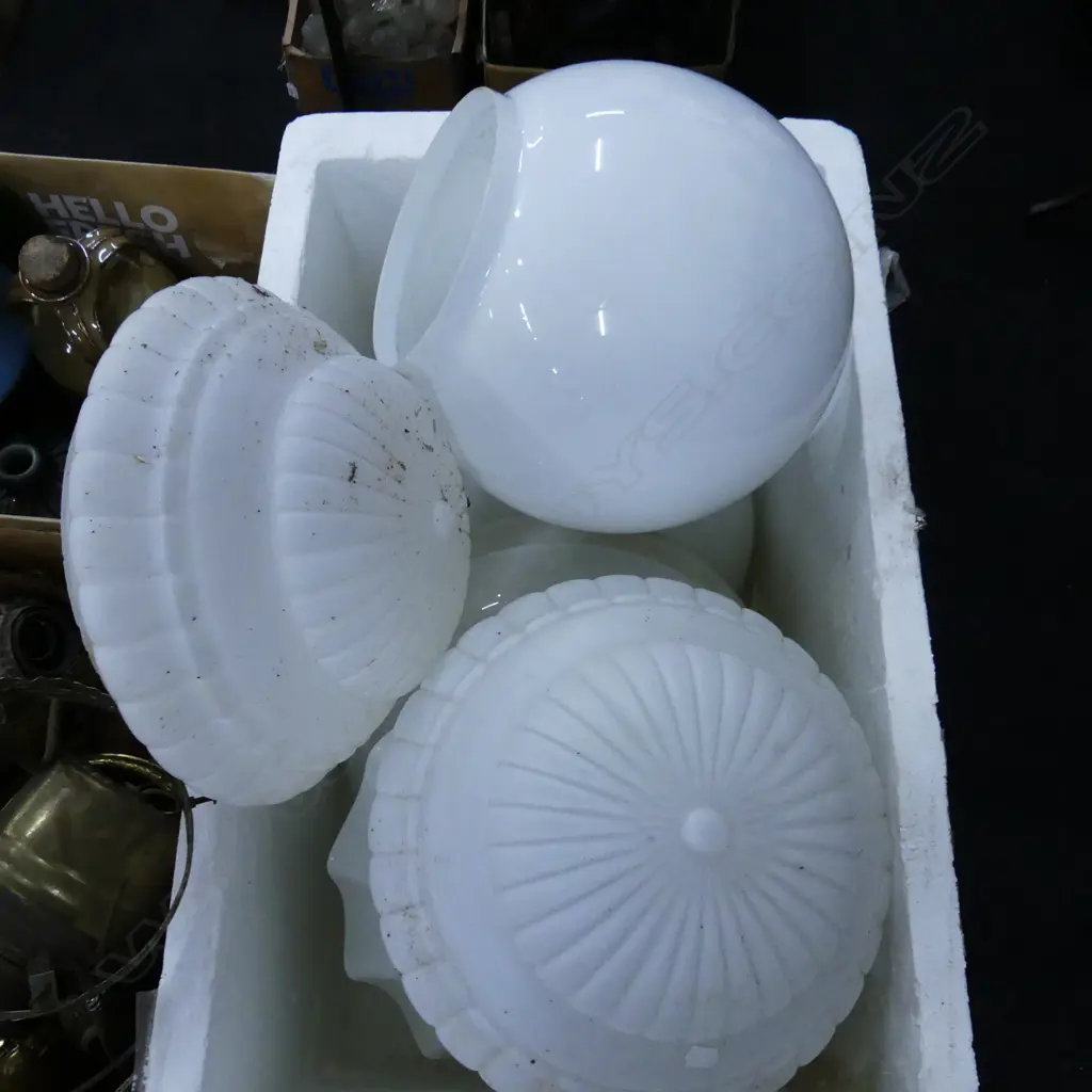 BOX LOT WHITE GLASS LIGHT SHADES, DECO ETC Image 1++
