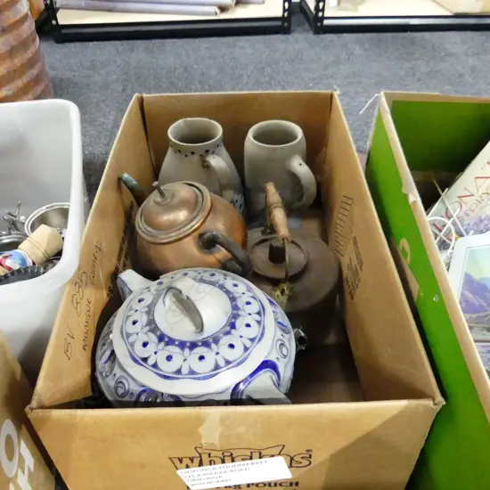 BOX LOT SALT GLAZED GERMAN POTTERY, 2 BRASS TEAPOTS