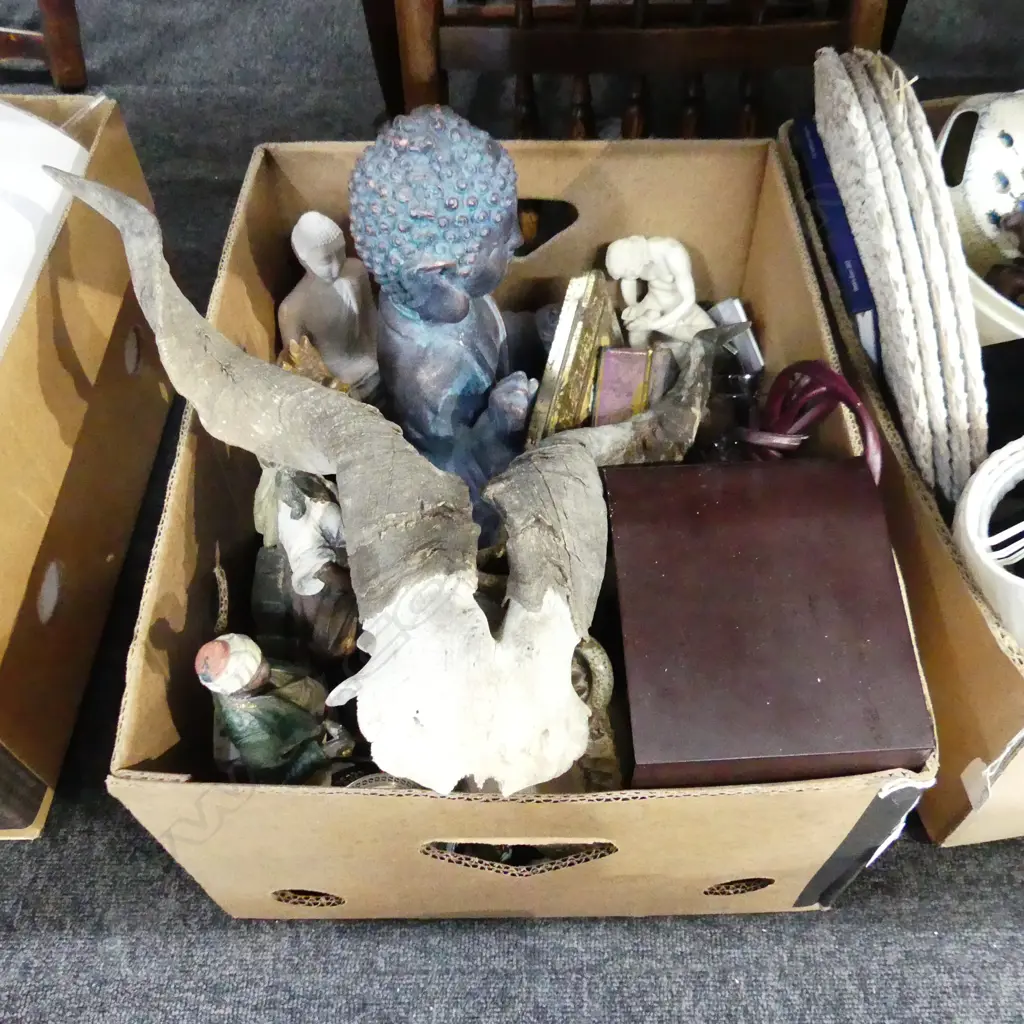 BOX LOT 2 BUDDHAS, PR FIGURES, CARVED WOODEN TEMPLE DOG, ANIMAL HORNS, RADIO, ASST. EP ETC Image 1++