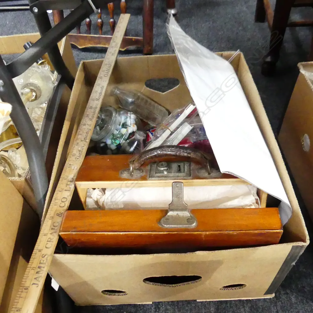 BOX LOT MEDICAL KIT IN WOODEN CASE, MARILYN MONROE ITEMS, 2 PCES MALING, BOTTLES, MARBLES ETC Image 1++