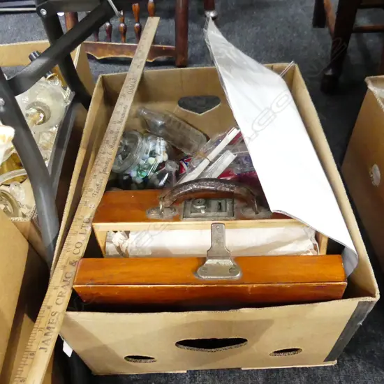 BOX LOT MEDICAL KIT IN WOODEN CASE, MARILYN MONROE ITEMS, 2 PCES MALING, BOTTLES, MARBLES ETC