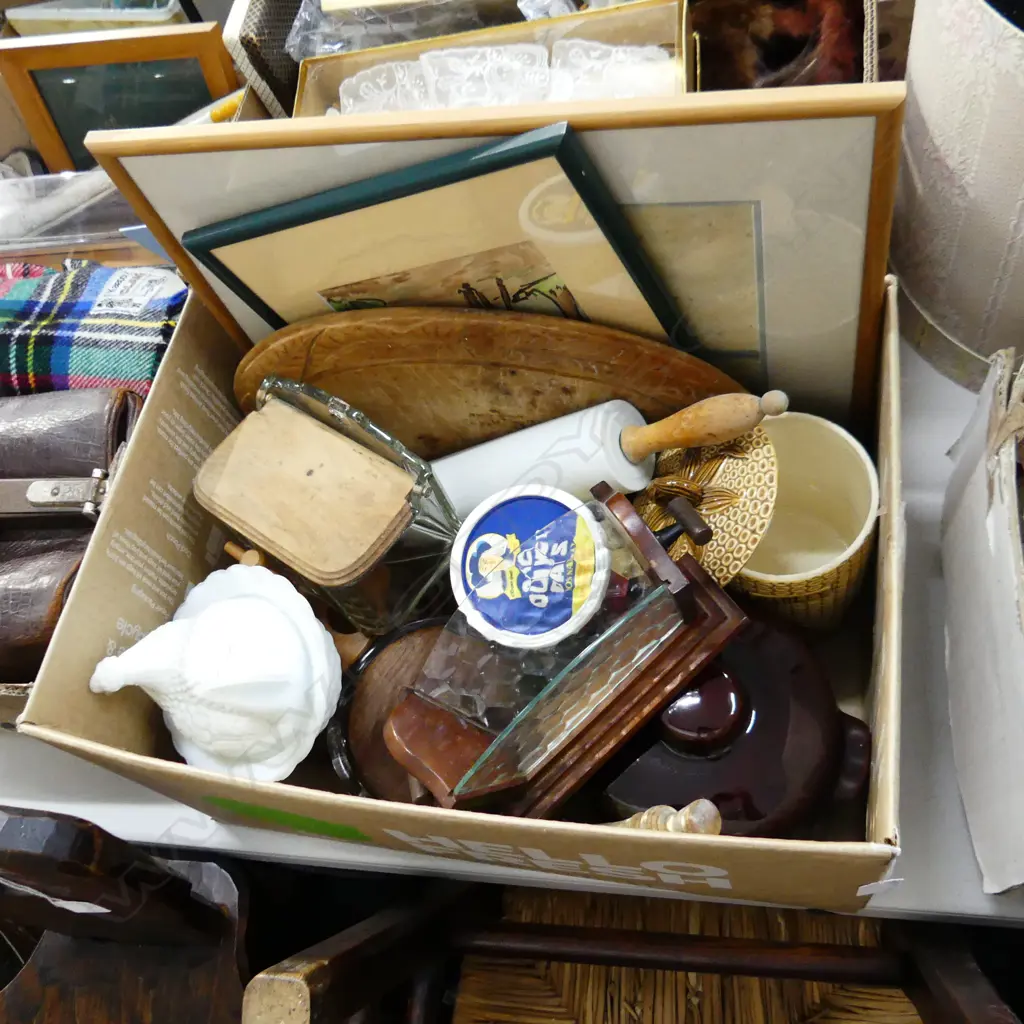 BOX LOT ASST. VINTAGE KITCHENWARE; SALT BOXES, BREAD BOARD, ROLLING PIN, 2 ARTWORKS ETC Image 1++