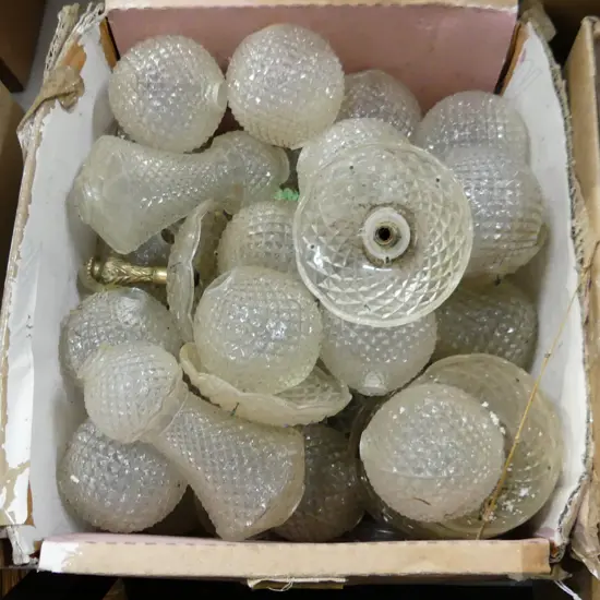 BOX LOT ASST. RETRO PRESSED GLASS CHANDELIER FITTINGS
