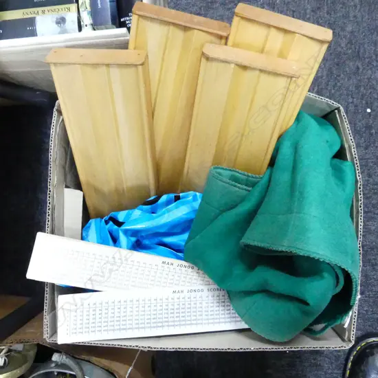 BOX OF ASST MAH JONG RELATED ITEMS INCLUDING CLOTH & 4 LG BOARDS