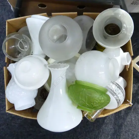 BOX LOT ASST. GLASS LIGHT SHADES ETC