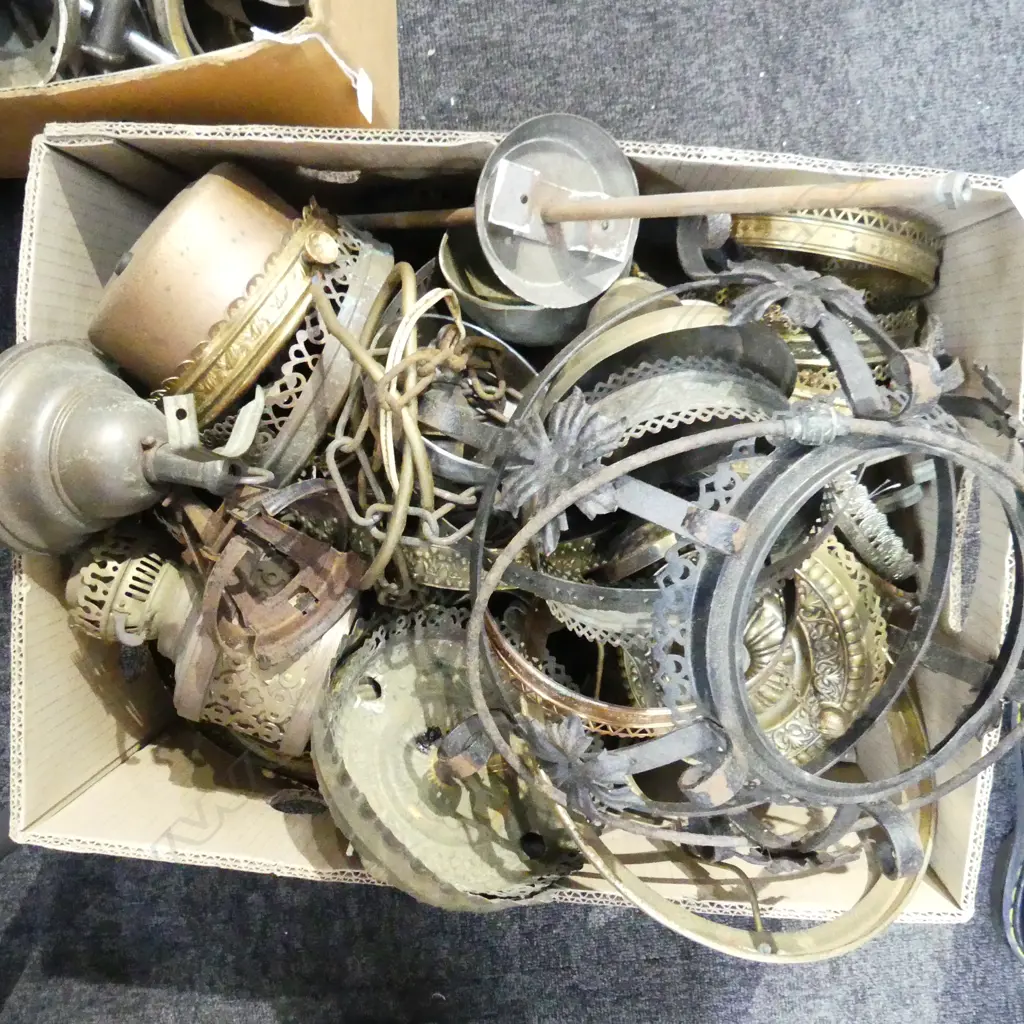 BOX LOT ASST. ANTIQUE LIGHT FITTINGS; CEILING KERO LANTERNS ETC Image 1++