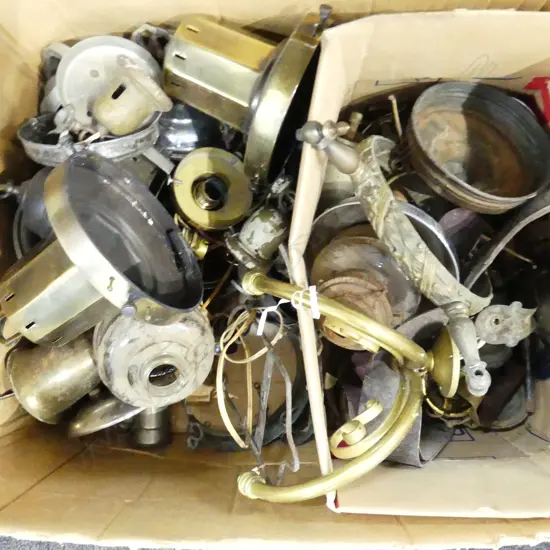 BOX ASST. VINTAGE LIGHT FITTINGS; SCONCES, PENDANTS ETC