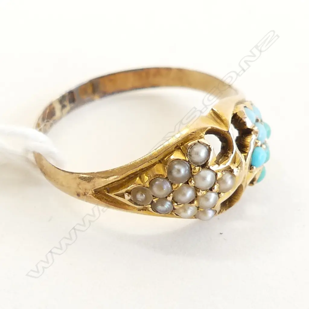 ANTIQUE 15CT HALLMARKED SEED PEARL & TURQUOISE SIGNET RING  Image 1++