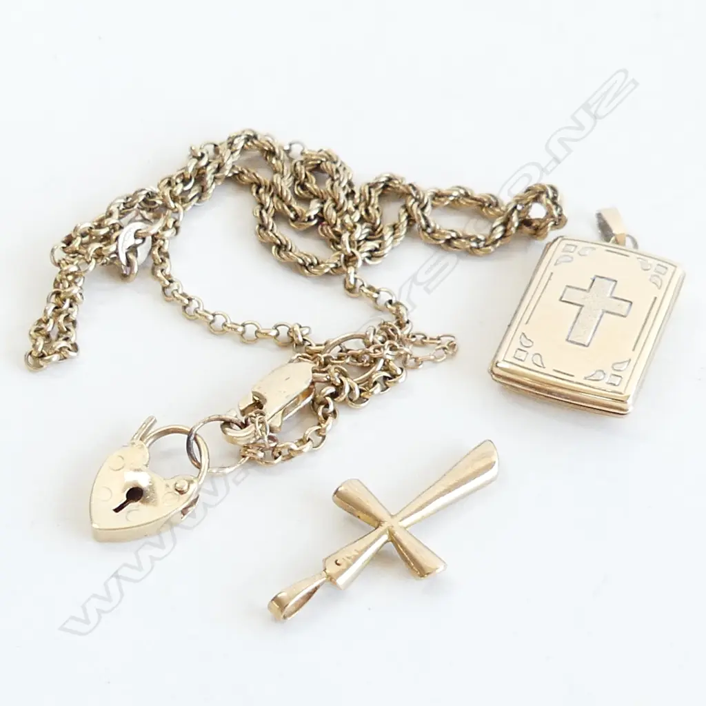 9CT GOLD CROSS, LOCKET & 2 BRACELETS  7.8GMS  Image 1++