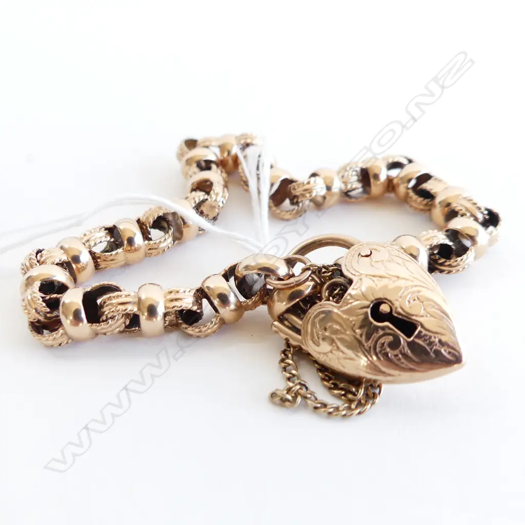 9ct ROSE GOLD BELCHER LINK BRACELET PUFF HEART PADLOCK CLASP 17.5gm Image 1++