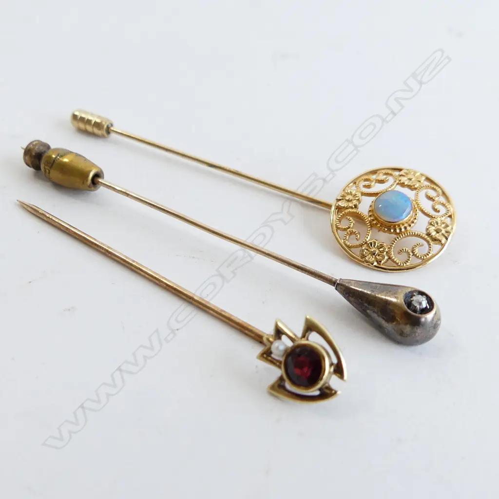 3 STICK PINS; 14CT YG GARNET & SEED PEARL, 14CT YG DIAMOND, 12 GF OPAL Image 1++
