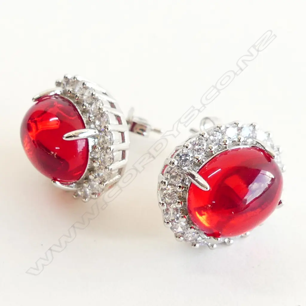 PR FAUX RUBY & STG SILVER LG STUD EARRINGS  Image 1++