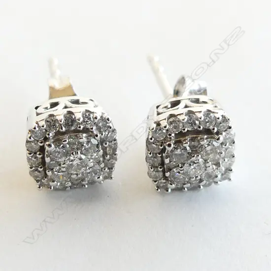PAIR 10CT WHITE GOLD AND DIAMOND CLUSTER STUD EARRINGS (CERTIFICATE)
