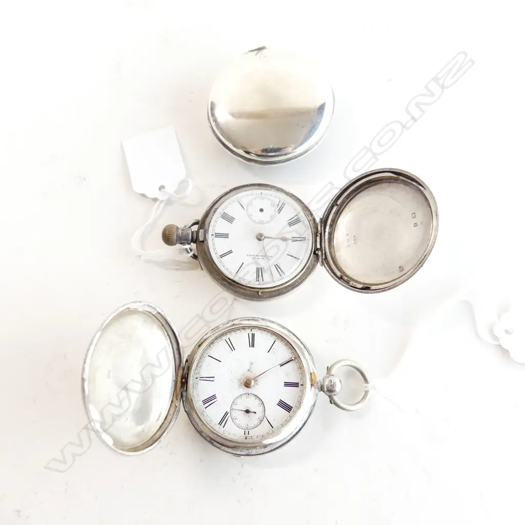 2 ANTIQUE STG SILVER POCKET WATCHES (1 w. EP HOLDER) AF  Image 1++