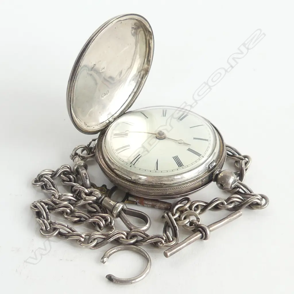 OLD STG SILVER POCKET WATCH & FOB CHAIN  140GMS Image 1++