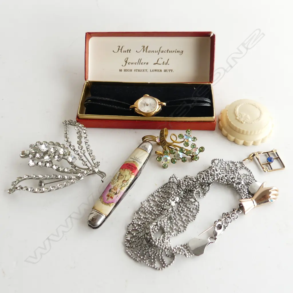 BAG MISC JEWELLERY ETC.. INCL CORONATION POCKET KNIFE, HAT PIN, WATCH, ETC.. Image 1++