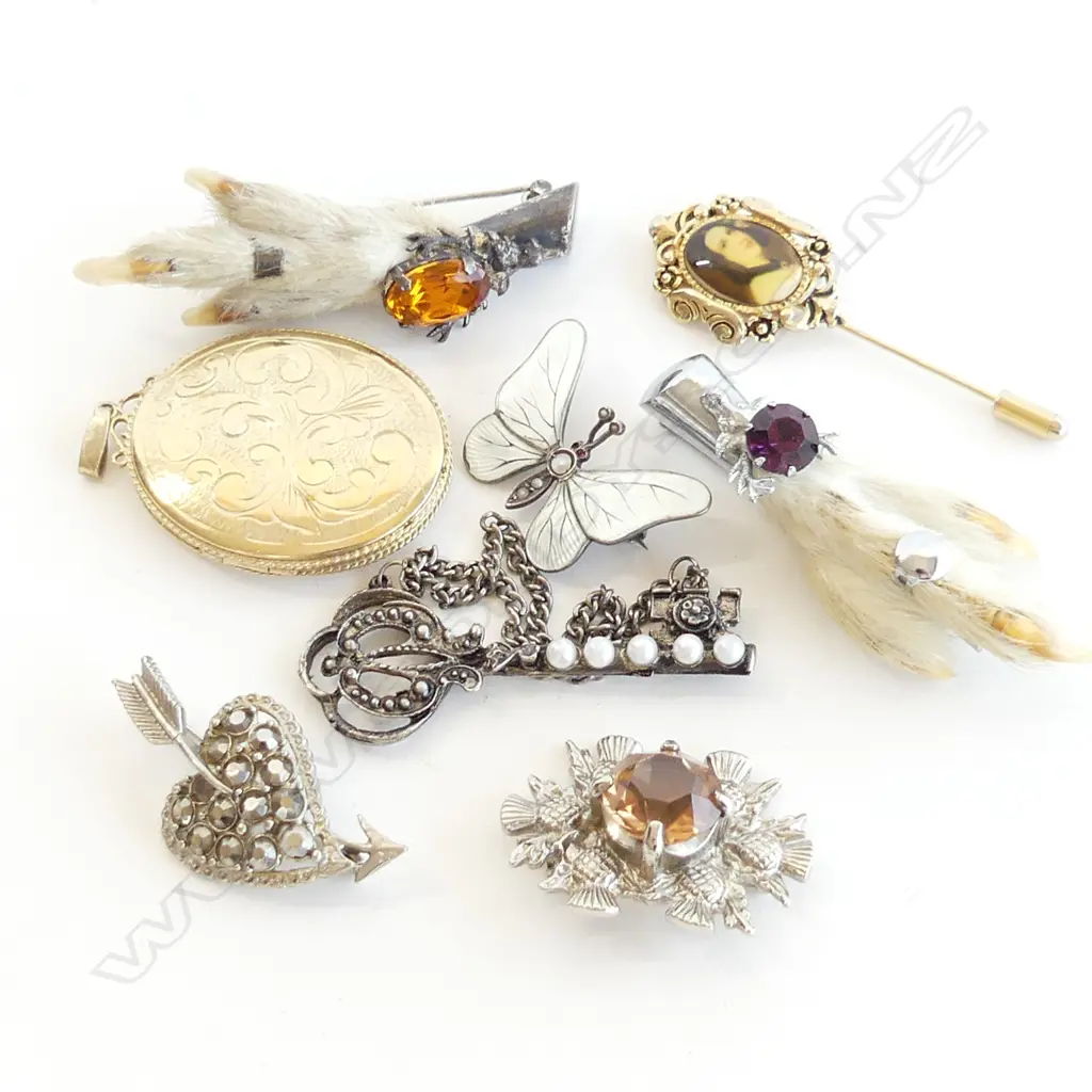 BAG ASST BROOCHES INCL GOLD PLATED STG SILVER LG LOCKET, SCOTTISH CLAW BROOCHES ETC.. Image 1++