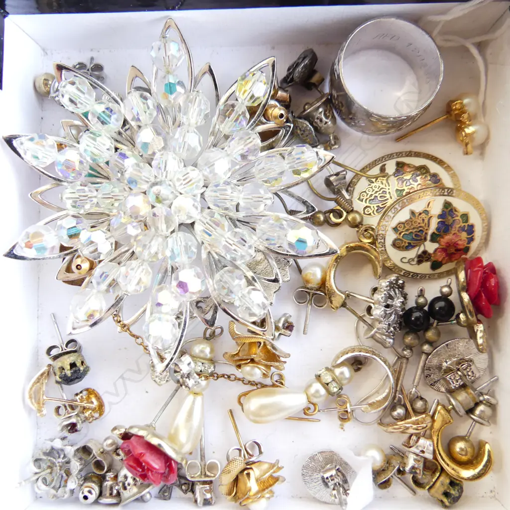 SM BOX ASST EARRINGS, CRYSTAL BROOCH, STG RING ETC.. Image 1++