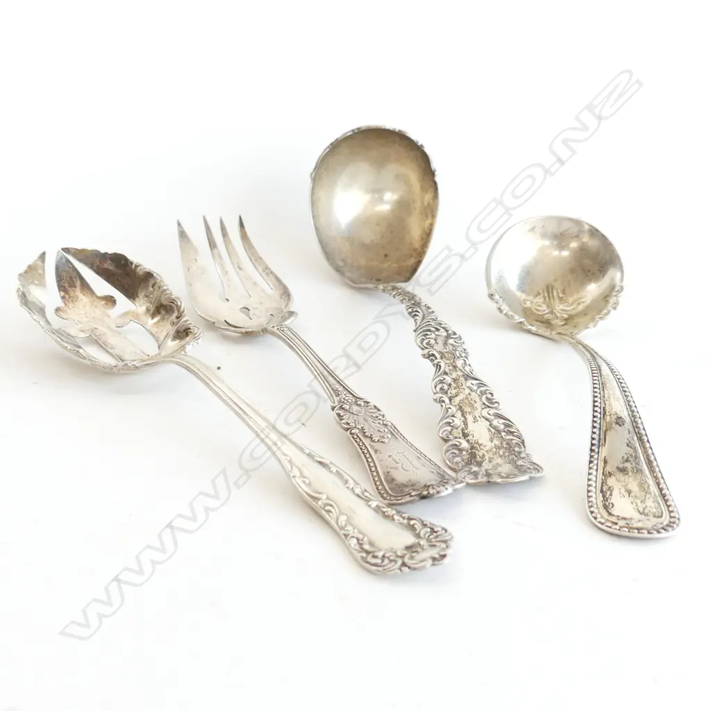 	4 ASST ORNATE STG SILVER SAUCE LADLES, SLOTTED SERVING SPOON & FORK  195GMS Image 1++
