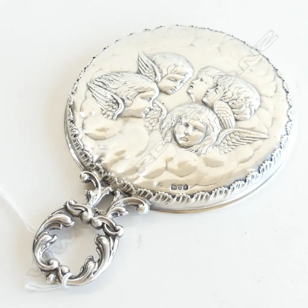 STG SILVER HAND MIRROR w. REYNOLD ANGELS CHESTER 1906 150mm dia Image 1++