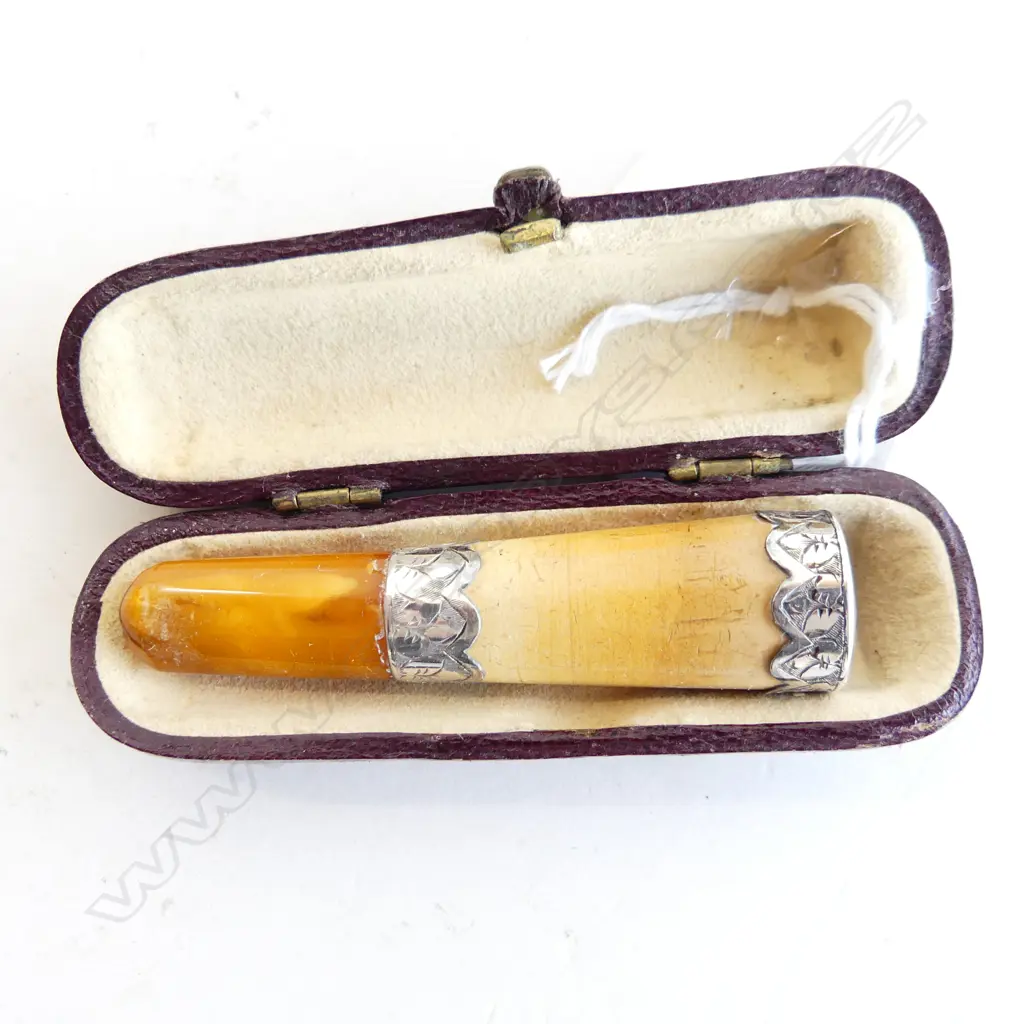 STG SILVER, AMBER & MEERSCHAUM CIGAR HOLDER IN CASE Image 1++
