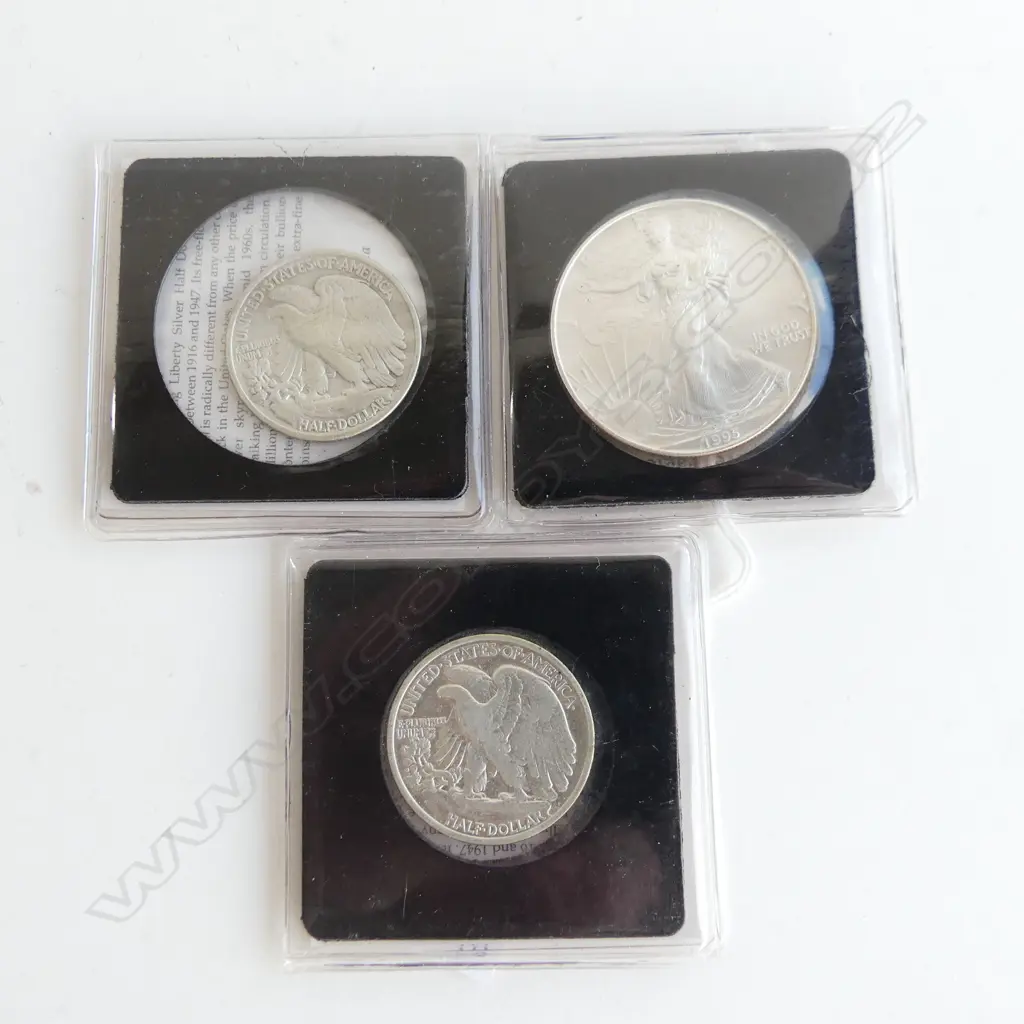 3 AMERICAN SILVER COINS; 2 WALKING LIBERTY HALF DOLLARS, EAGLE DOLLAR Image 1++
