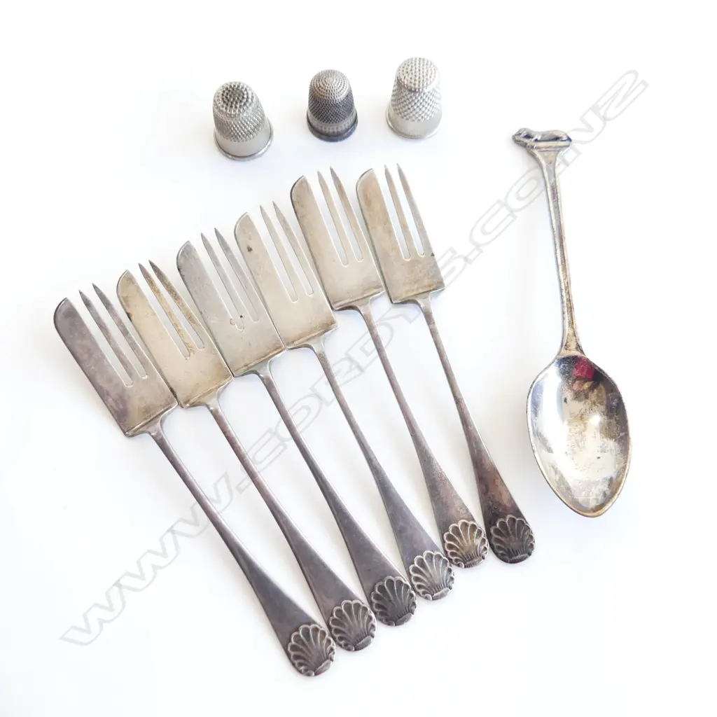 BAG STG SILVER; 6 CAKE FORKS + 3 THIMBLES & COFFEE SPOON 78GMS Image 1++