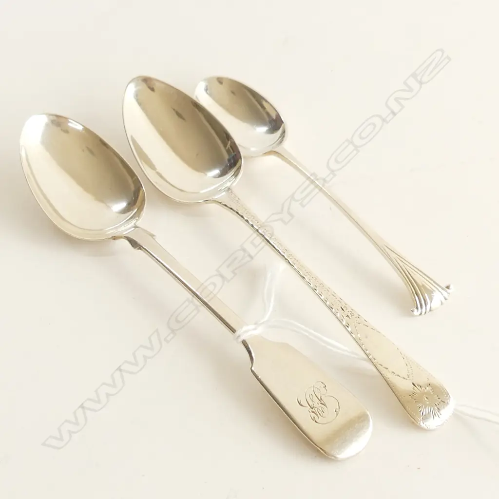 3 STG SILVER TEASPOONS; LONDON 1837, 1872, 1888 49 GRAMS Image 1++