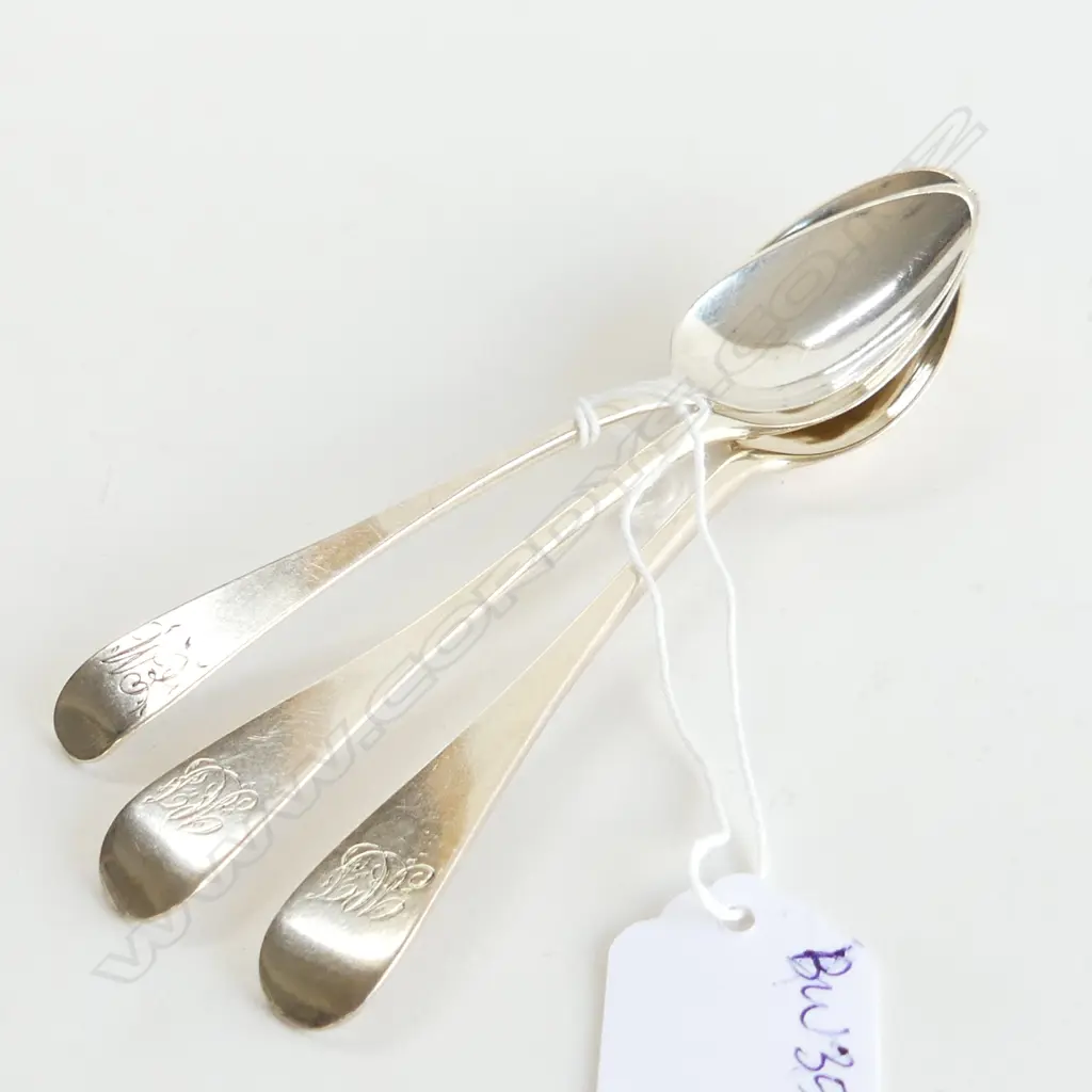 3 STG SILVER MONOGRAMMED TEA SPOONS; PR LONDON 1880, 'EM' LONDON 1804 53 GRAMS  Image 1++