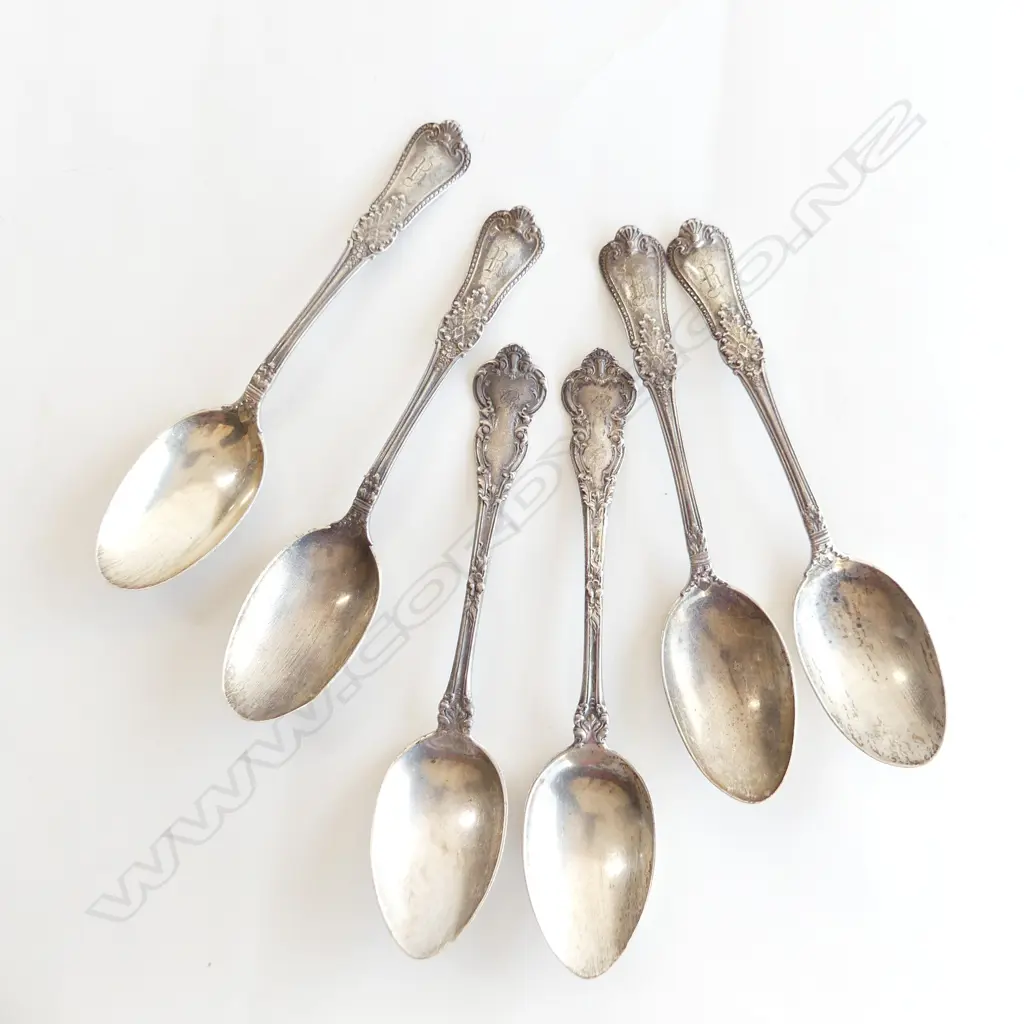 SET 6 VINTAGE STG SILVER DESSERT SPOONS. SOME WEAR.  247GMS Image 1++