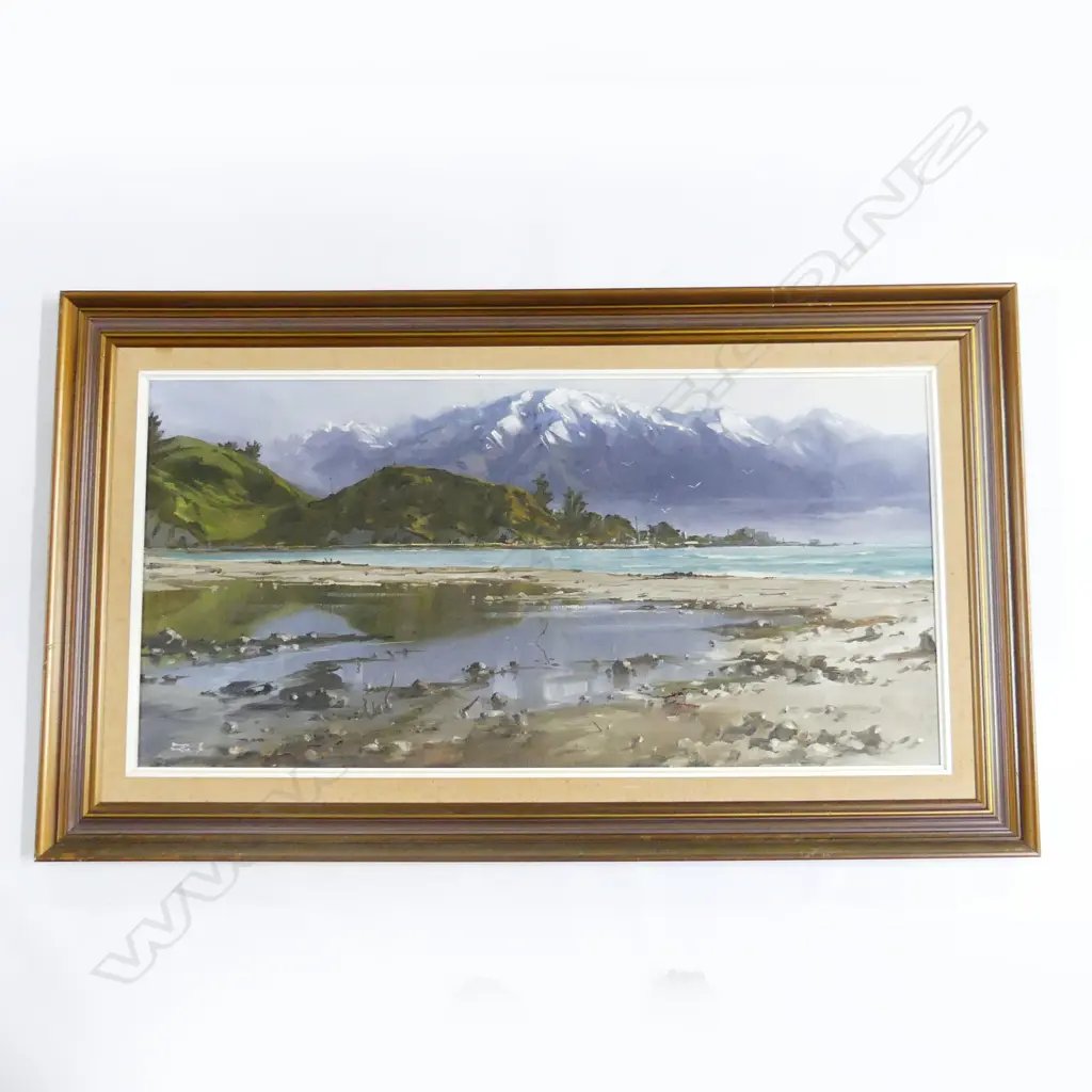 BRIAN BAXTER, 'KAIKOURA MOUNTAINS FROM NEAR SEAL COLONY' OIL ON BOARD SIGNED & DATED '76 440x900mm Image 1++