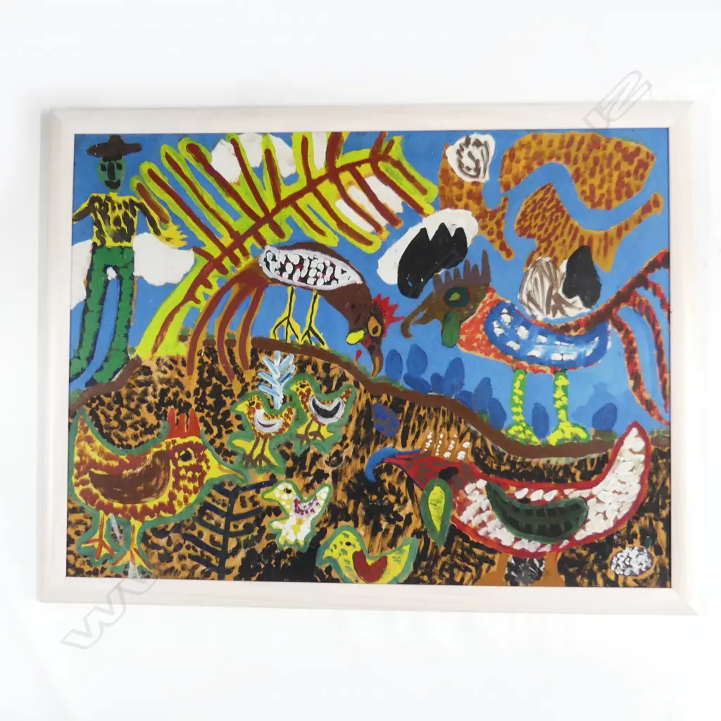 ARTIST UNKNOWN - LG NAIVE ABSTRACT w. CHICKENS 730x970mm Image 1++