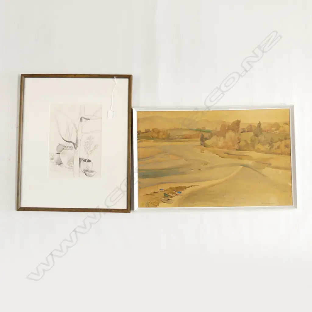 2 ARTWORKS; RUSSELL HOLLINGS 'GARDEN POTS OUTSIDE LOTUS CAFE UBUD BALI' PENCIL 265x190mm + PEGGY SPICER W/C 345x550mm  Image 1++
