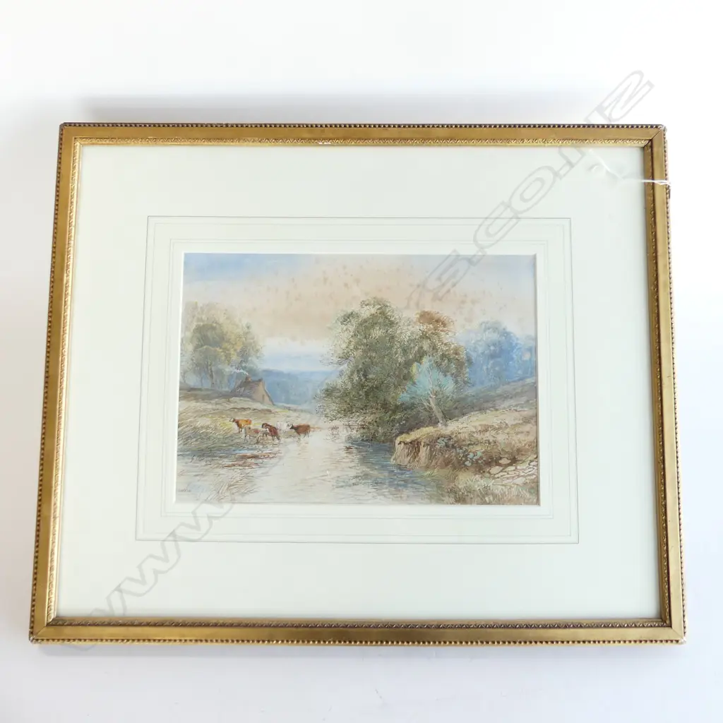 WATER COLOUR COWS IN RIVER SIGNED LEWIS 1890 H540MM W650MM Image 1++