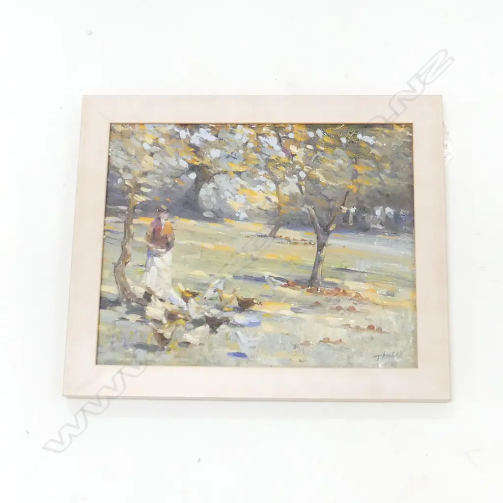 SIGNED IMPRESSIONIST OIL ON BOARD; WOMAN FEEDING CHICKENS UNDER TREES, J. HALEY? 1923 240x300mm Image 1++