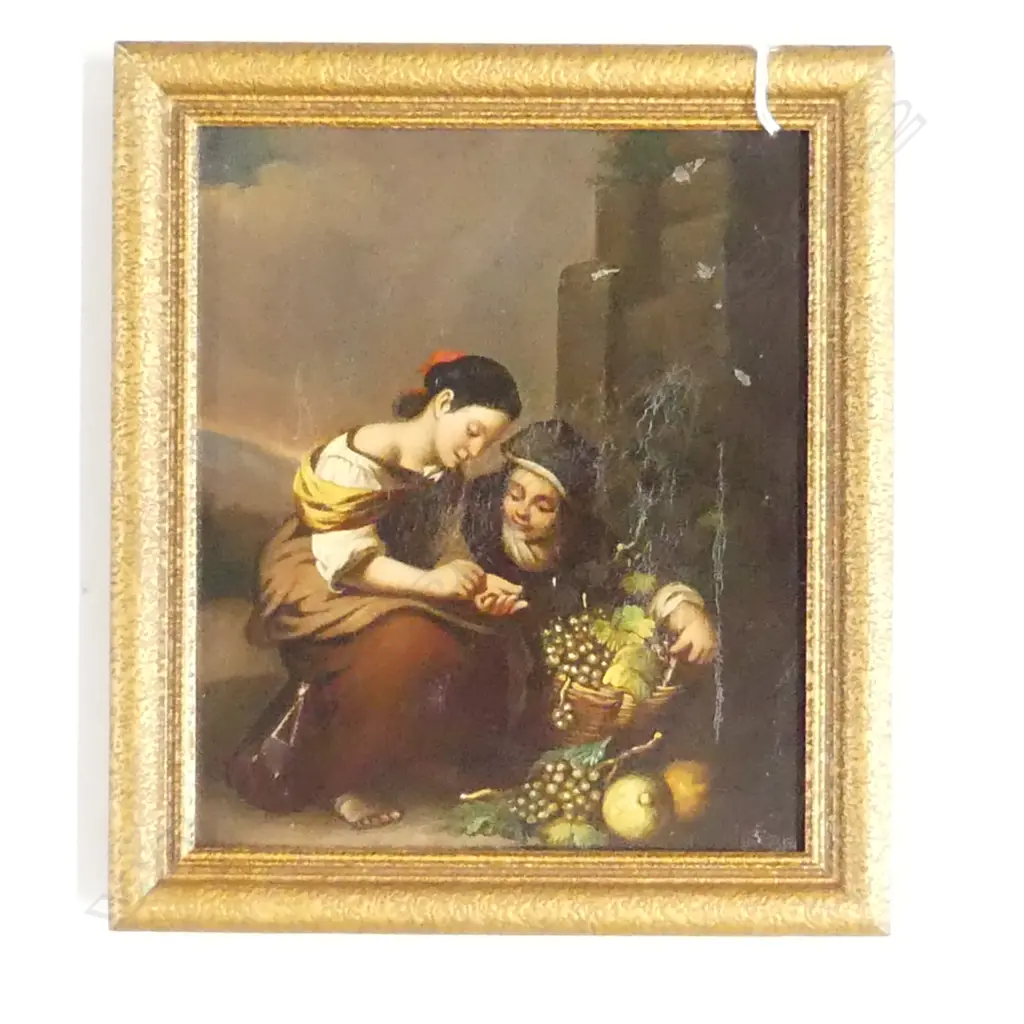 SMALL ANTIQUE CONT OIL FRUIT SELLERS COUNTING THE DAYS TAKE H240MM W210MM Image 1++