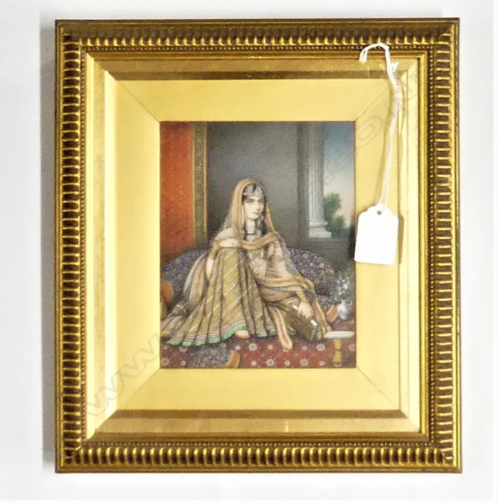 QUALITY ANTIQUE GILT FRAMED INDIAN MINIATURE LADY WITH BOOK H280MM W250MM hand painted Image 1++