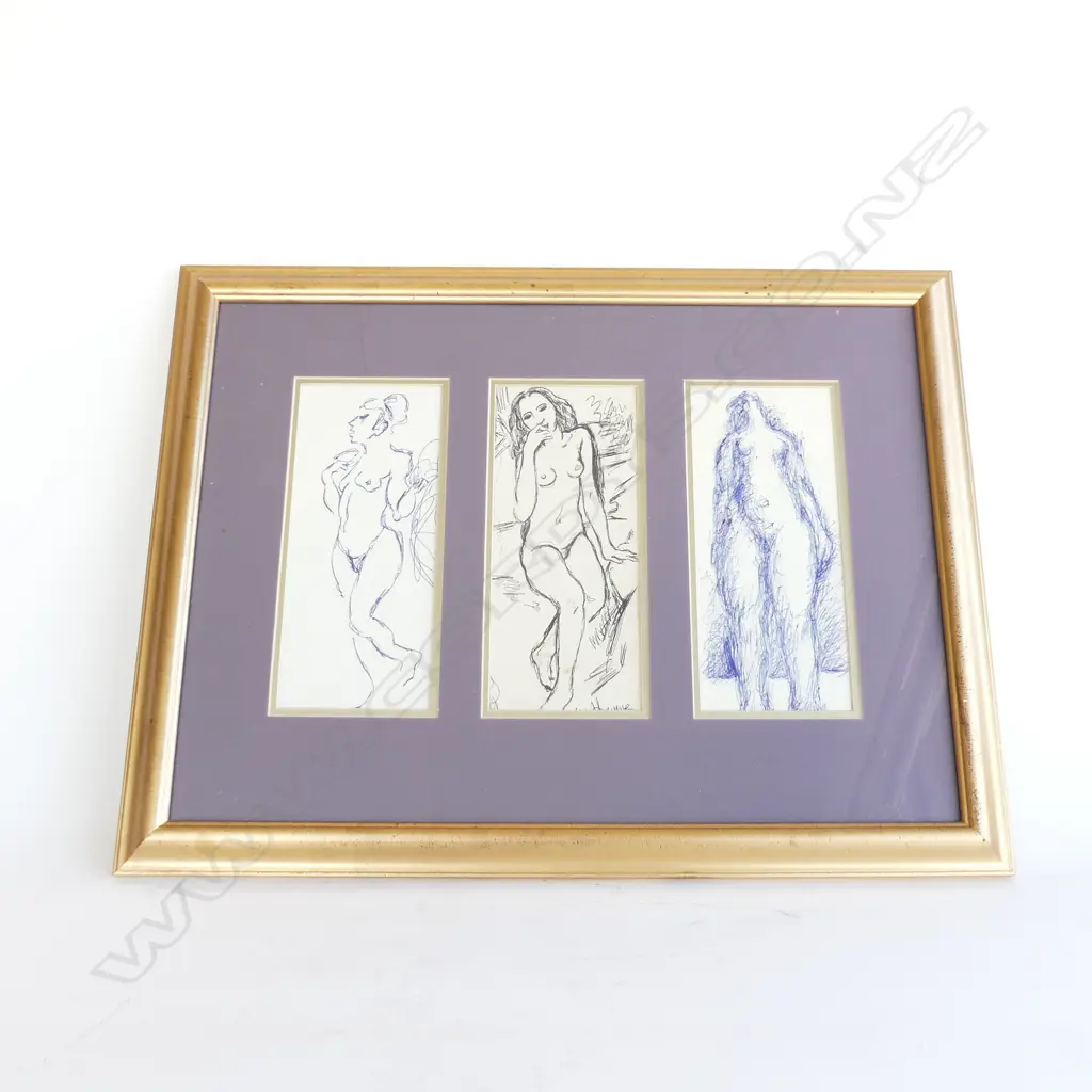 MALCOLM HARRISON, FEMALE NUDES TRIPTYCH INK ON PAPER 240x110mm each Image 1++